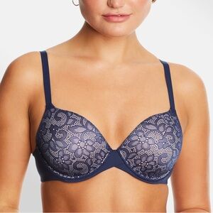 MAIDENFORM One Fabulous Fit 2.0 T-Shirt Bra SIZE 42D Navy Blue Lace DM7543 NWT